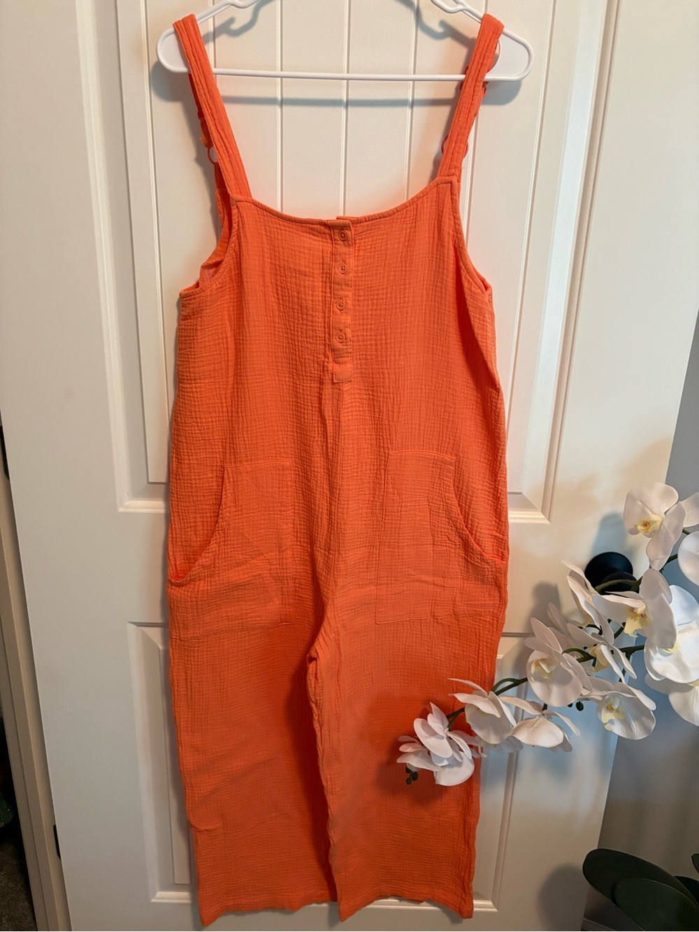 Serra Cotton Gauze Wide Leg Overall Jumpsuit Orange Coral M
